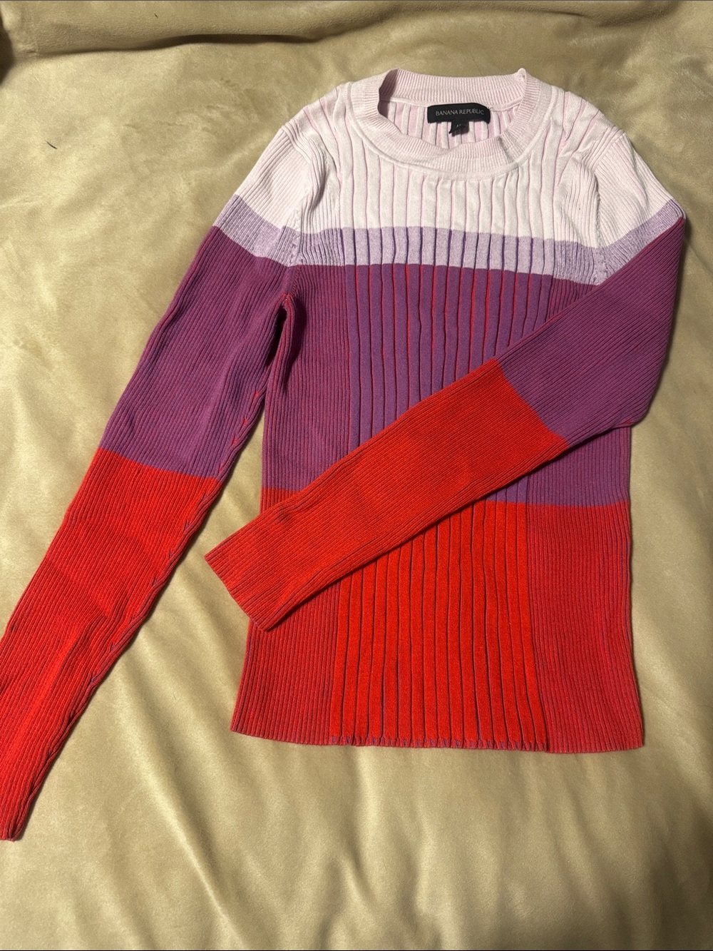 Banana Republic Colorblock Ribbed Crewneck Sweater - Light Pink, Purple & Red